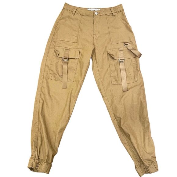 Y2K Womens Streetwear Cargo Joggers L Khaki High Waisted Bondage Straps Grunge